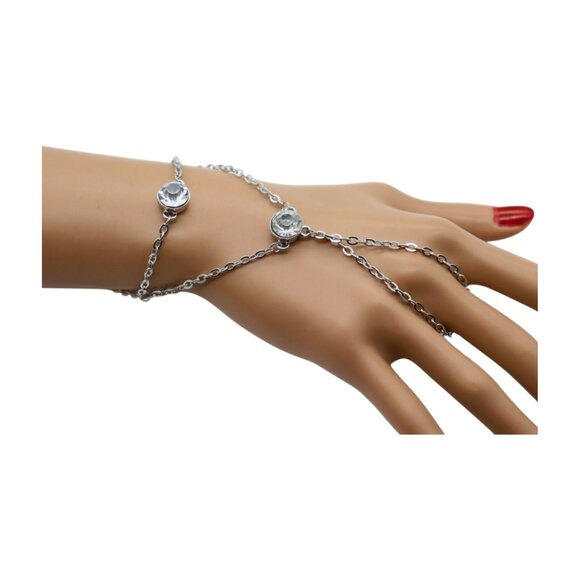 New Women Silver Metal Hand Chain Fashion Bracelet Connected Ring 2 Bling Beads - Picture 5 of 17